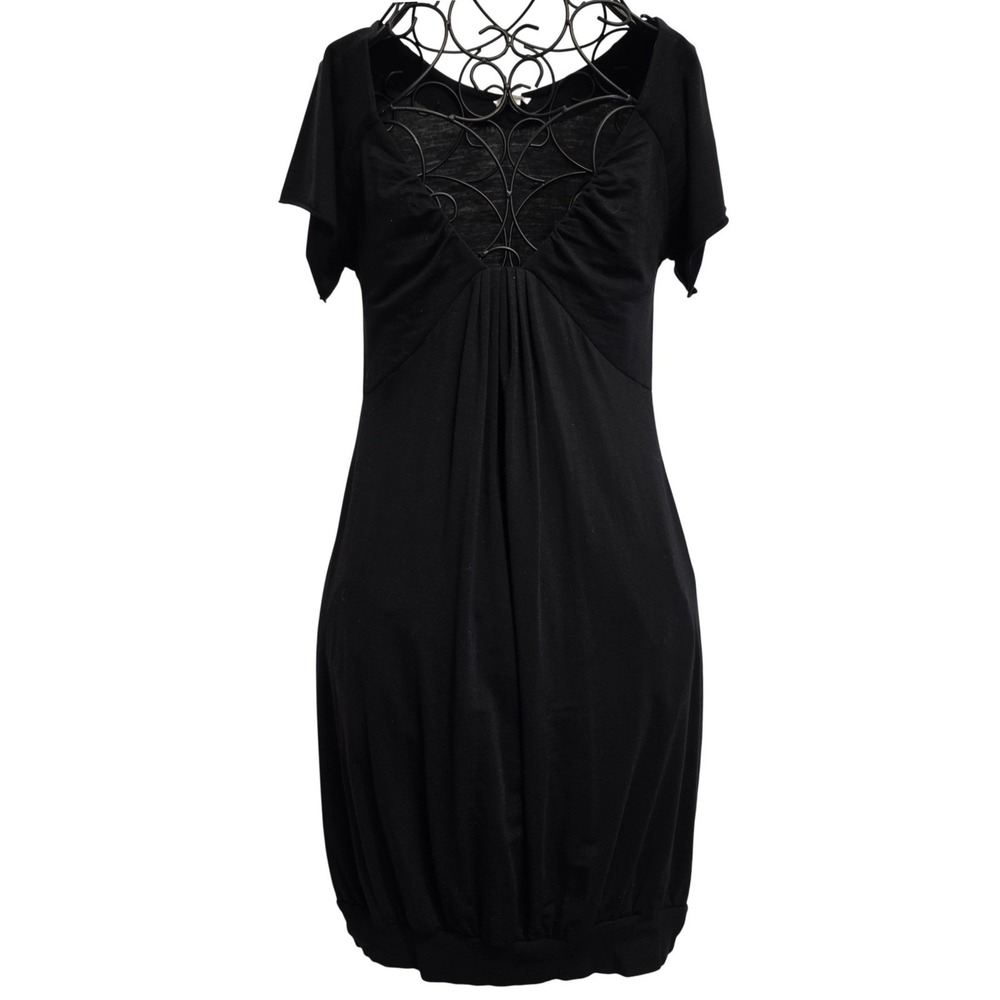 Wilfred Ruched V-Neck Bubble Hem Short Sleeve Mini Dress Black Size Small